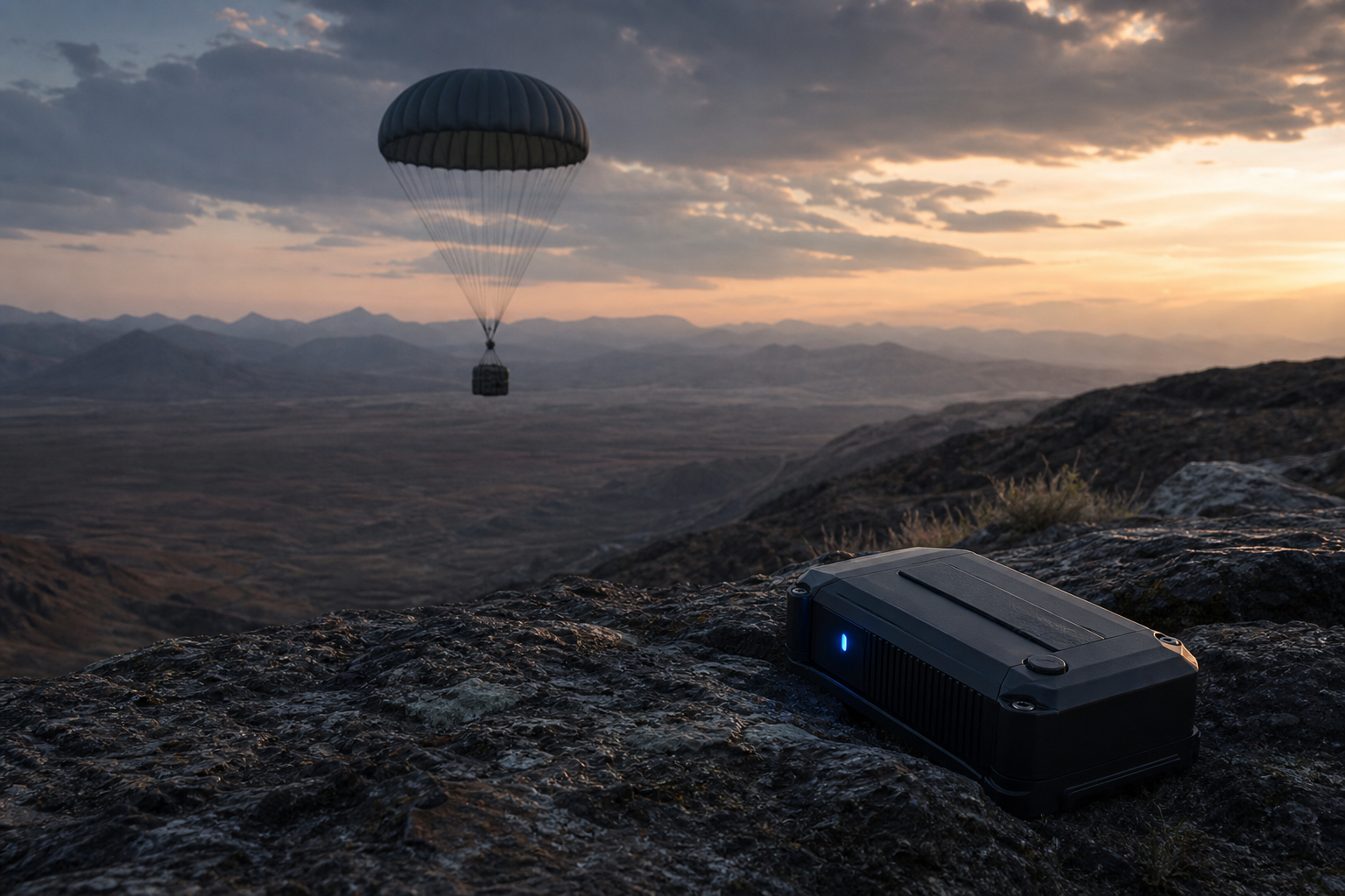 GPS beacon on rugged terrain with a supply parachute descending overhead